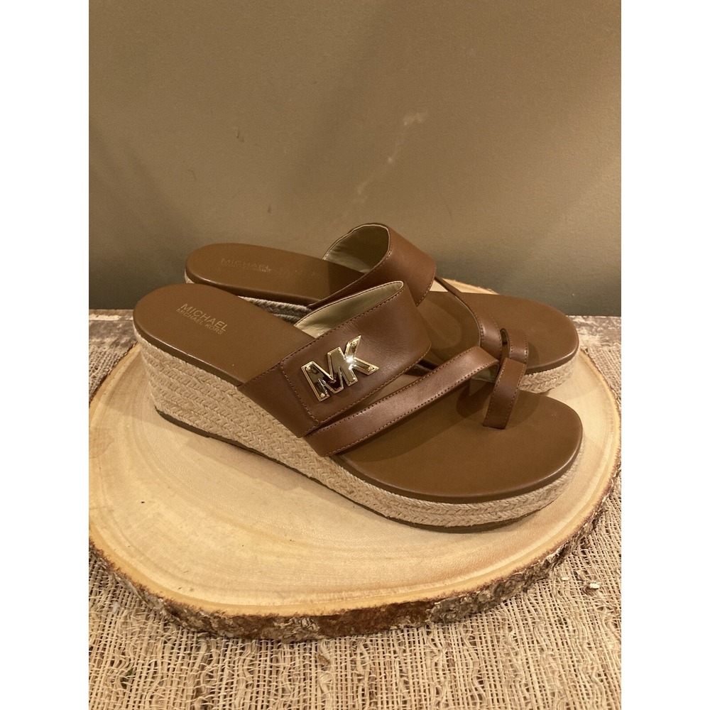 Michael Kors Women's Sidney Leather Espadrille Wedges Sandals Luggage Sz-10 - Picture 3 of 9